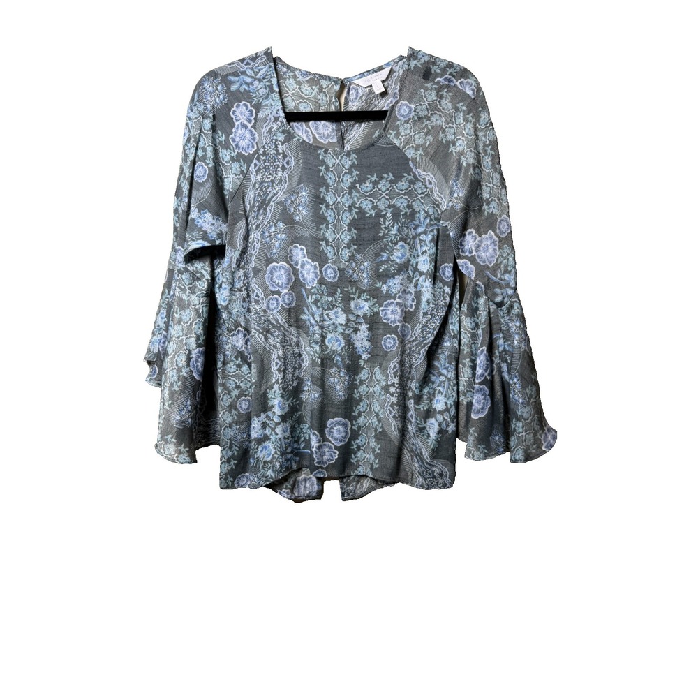 Lauren Conrad blue floral bell sleeve blouse boho romantic festival flowy Size M